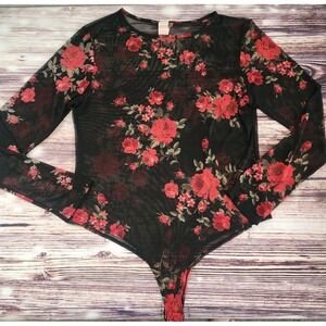 Sheer Mesh Bodysuit Womens XXL Red Black Long Sleeve Whimsigoth Festival Vintage